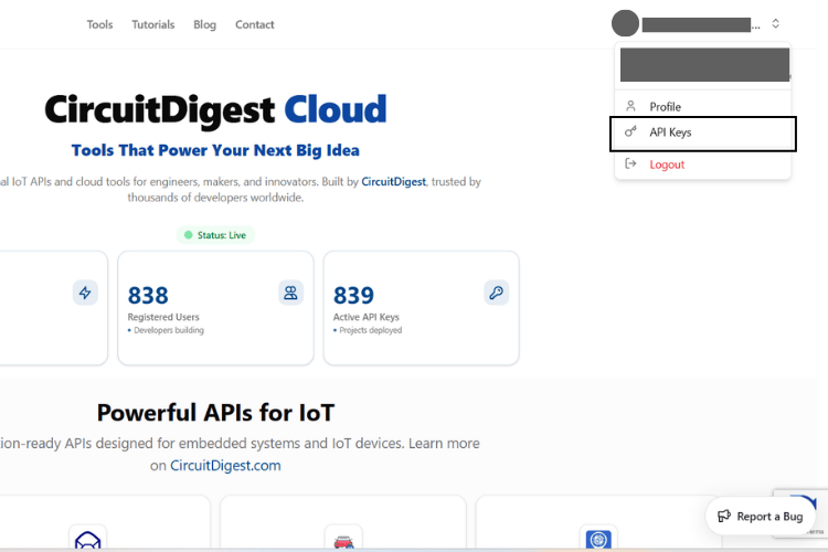 API Keys option in the CircuitDigest Cloud profile dropdown menu
